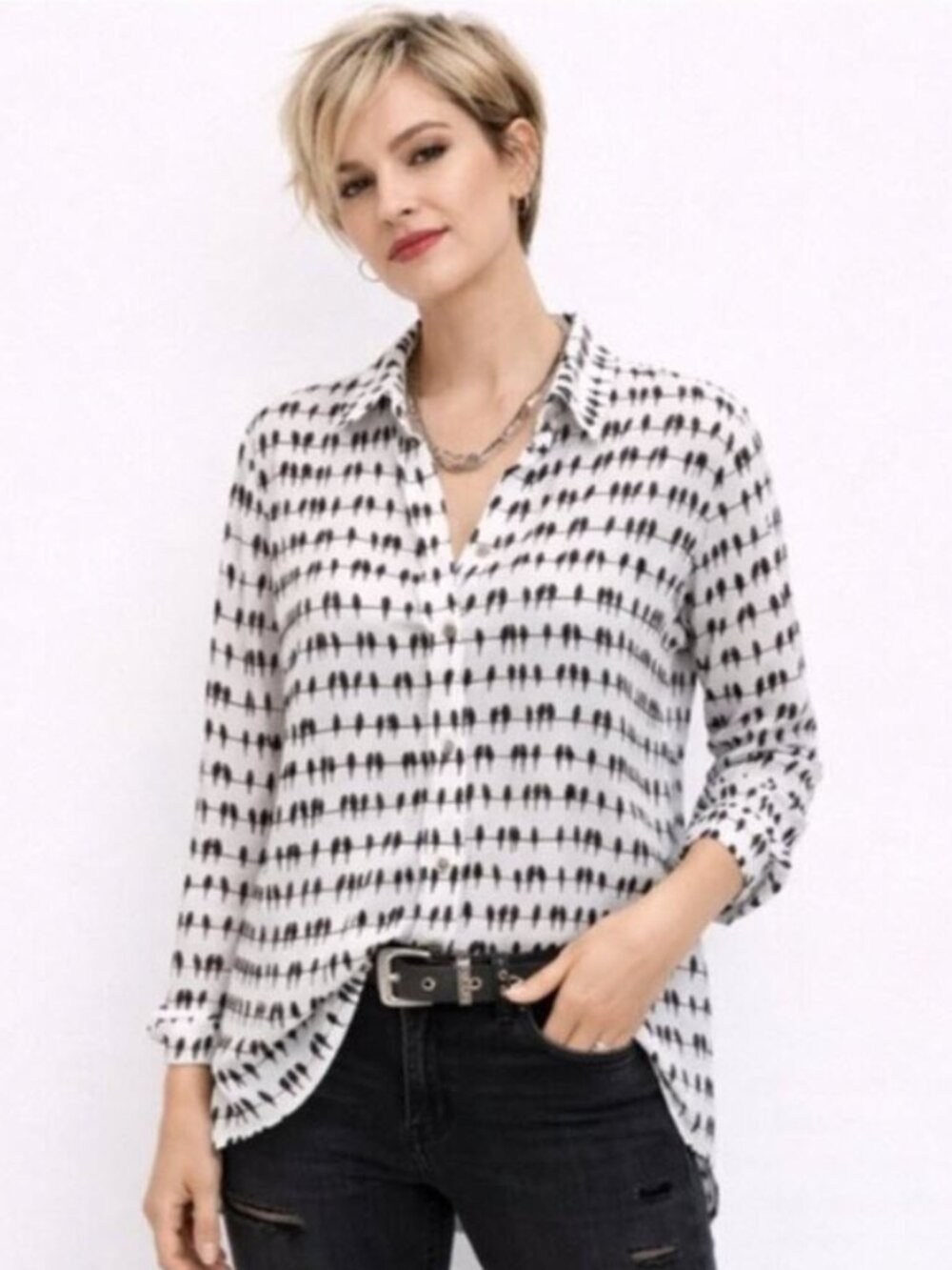 Jane & Delancey Button Down Shirt Birds on Wire Print Black White size XLarge